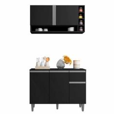 Balcão de Pia e Aéreo Cozinha Vanessa 105cm Preto Fosco 1924 Sem Tampo