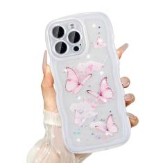 UEEBAI Capa Wave para iPhone 16 Pro de 6,3 polegadas, linda capa brilhante com glitter para mulheres, capa de telefone bonita e brilhante para meninas, capa transparente com borboleta, ondulada, à