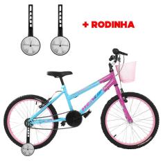Bicicleta Infantil Aro 20 Feminina Com Rodinha Lateral e Cesta Freios V-Brake Wendy Para Meninas Azul Rosa