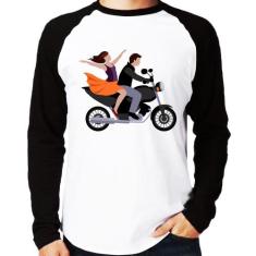 Camiseta Raglan Moto Casal Manga Longa - Foca na Moda, Branco, Preto, 