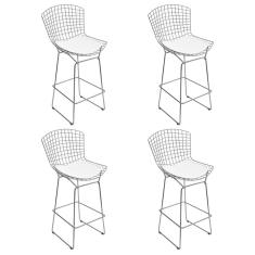 Kit 4 Banquetas Alta Bistrô Bertoia Cromada D80 Com Assento Sintético Branco Cor Branco