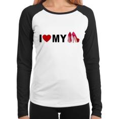 Baby Look Raglan I Love My Shoes Manga Longa - Foca na Moda, Branco, P