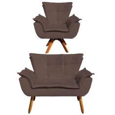 Kit Namoradeira 2 Lugares e Poltrona Giratória Opla Suede Marrom Ibiza