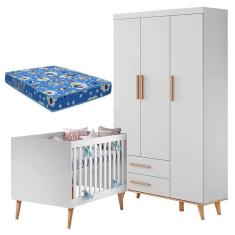 Berço Americano e Guarda Roupa Infantil Ludmila Branco Bétula com Colchão Ortobom - Carolina
