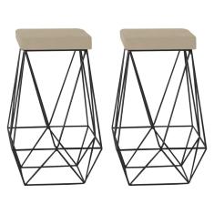 Kit 2 Banqueta Decorativa Kathy Base Preta Veludo Bege - Gran Belo