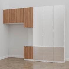 Guarda-Roupa Modulado Solteiro 7 Portas Espelho e Mesa de Cabeceira He