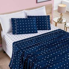 Jogo De Cama Lençol Celine Casal Padrão 04 Peças Micropercal 200 Fios Bolinhas - Azul Marinho