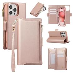 Capa carteira para iPhone 15 Pro Max, bolso com zíper magnético [destacável] capa flip de couro com 6 compartimentos para cartão e 1 compartimento para dinheiro, [bloqueio RFID] com alça de pulso e