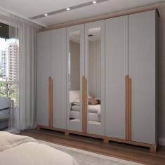 Guarda-Roupa Casal Calábria 6 Portas 6 Gavetas Espelho Cinza/Nature - Panorama Móveis