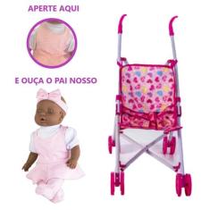 Kit Boneca Reza Primeira Oração Pai Nosso + Carrinho de Bebê - Milk Br