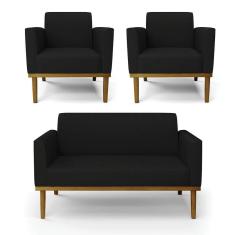Sofá Namoradeira Com 2 Poltronas Base De Madeira Fixa Castanho Marisa Linho D03 - D?rossi Cor A79 Preto