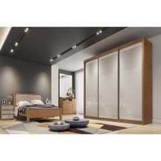 Guarda Roupa Casal Diamond Londres 3 Portas de Correr 8 Gavetas MDF Cumaru-Fendi Móveis Novo Horizonte