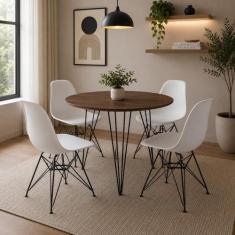 Mesa de Jantar Redonda 90cm Amêndoa Clips 3 Pés com 4 Cadeiras Eames E