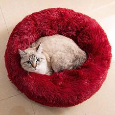 Cama de gato donut, camas de cachorro de pelúcia falsa para cães médios e pequenos - travesseiro redondo interno auto-aquecimento aconchego cama de gato lavável para cachorro cama de gato diâmetro 50 cm