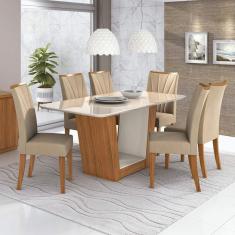 Conjunto Sala de Jantar 6 Cadeiras Apogeu Móveis Lopas Rovere Naturale/Veludo Naturale Creme