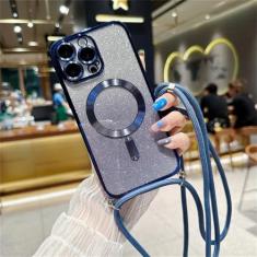 Capa magnética com glitter gradiente de cordão crossbody para iPhone 15 14 13 12 11 Pro Max Plus chapeamento capa traseira de TPU macio, azul marinho, para iphone 15 Plus