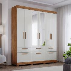Guarda-roupa Casal com Espelho 6 Portas de Bater 1 Basculante 5 Gavetas Mdf Coimbra Espresso Móveis Cinamomo/Off White