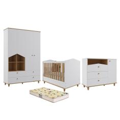 Dormitório Casinha Guarda Roupa, Cômoda 1 Porta e Berço Mimo com Colchão Supreme - Permóbili Baby
