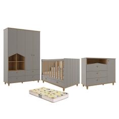 Dormitório Casinha Guarda Roupa, Cômoda 1 Porta e Berço Candy com Colchão Supreme - Permóbili Baby
