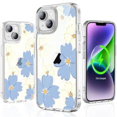 YNSZAS Capa para iPhone 14 Plus, compatível com MagSafe, capa de telefone fofa com flores coloridas exclusivas, policarbonato rígido + TPU à prova de choque, capa protetora floral retrô feminina para