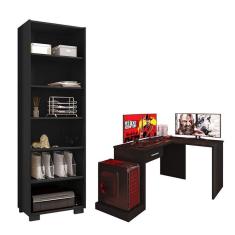 Mesa Para Computador Gamer Drx 9000 Com Extensora E Livreiro Office Preto Trama