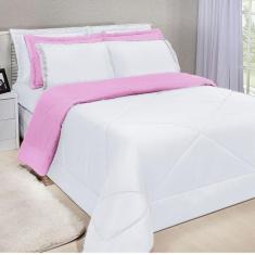 Kit Edredom Dupla Face Ternura Casal Padrão 6 Peças - Branco e Rosa - 