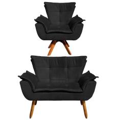 Kit Namoradeira 2 Lugares E 1 Poltrona Decorativa Giratória Madeira Opla Suede Preto - Ibiza