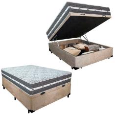 Cama Box Baú Casal 138x188 Black Graphite com Colchão Molas Ensacadas Suede Bege Anjos