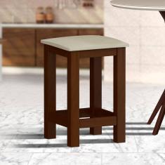 Banqueta Madeira Baixa Castanho Assento Estofado Corino Bege Nemargi