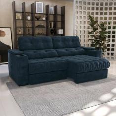 Sofá 260 cm com Porta Copos Retrátil e Reclinável Premier Azul Marinho
