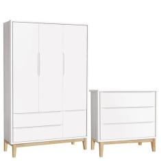 Cômoda Gaveteiro E Guarda Roupa Infantil 3 Portas New Classic Branco Com Pés Madeira Natural - Reller