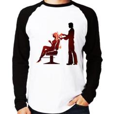 Camiseta Raglan Cabeleireiro Manga Longa - Foca na Moda, Branco, Preto