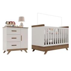 Berço Americano Vitória e Cômoda Infantil Retrô Maya Off White Carvalh