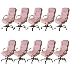 Kit 10 Cadeiras de Escritório Presidente em Sintético Base Cromada Euro Rose