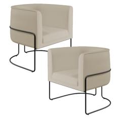 Kit 02 Poltronas Decorativas Fixa Base de Aço Preto Betina D02 Corano Bege C-26 - Lyam Decor