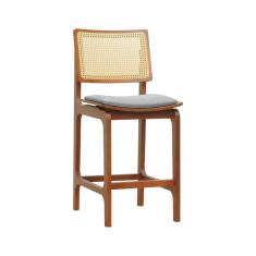 Banqueta Alta Bistrô Gus Madeira Maciça Encosto Telinha Assento Anatômico Linho Impermeável Amêndoa/Cinza