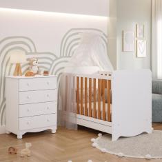 Quarto de Bebê Completo Berço Americano Ben 3 Em 1 Cômoda Júnior Simples 4 Gavetas  Branco Carvalho 100% MDF Móveis Peroba