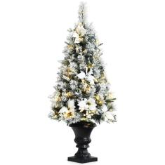 Árvore de Natal Goplus Flocada de 1,2m com Luzes LED e Flores