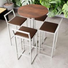 Conjunto Mesa Alta Bar Bistrô Redonda Imbuia 4 Banquetas Confort Estof