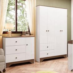 Quarto Infantil com Cômoda e Guarda Roupa 100% MDF Cocada Branco Brilho/Carvalho
