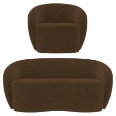 Sofá 2 Lugares Living 160cm E 1 Poltrona Giratória Garbin K04 Veludo Marrom - Mpozenato