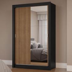 Guarda-Roupa Solteiro 2 Portas de Correr com Espelho Preto/Rustic Milano Madesa