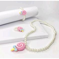 Kit Conjunto Infantil Colar e Pulseira Anel Miçangas Pérola Colorida P