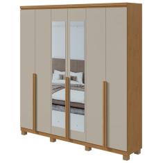 Guarda-Roupa Casal Alonzo 6 Portas 4 Gavetas Com Espelho Amêndoa Clean/Off White