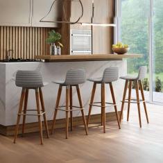 Conjunto 4 banqueta alta madeira luxo estofado em linho cinza