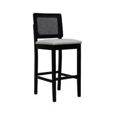 Banqueta Alta Bistrô Madeira Maciça Lyon Assento Estofado Encosto Telinha - Preto Corano Bege