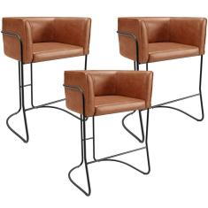 Kit 03 Banquetas Baixa Base de Aço Preto Betina D02 Couríssimo Camel B-14 - Lyam Decor