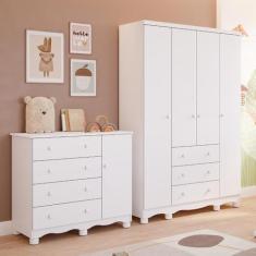 Quarto de Bebê Completo Guarda Roupa 4 Portas Cômoda 1 Porta 4 Gavetas