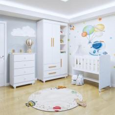 Quarto de Bebê Completo com Cômoda, Mini Berço com Colchão e Guarda Ro