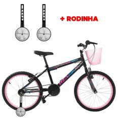 Bicicleta Infantil Aro 20 Feminina Com Rodinha Lateral e Cesta Freios V-Brake Wendy Para Meninas Preto Rosa